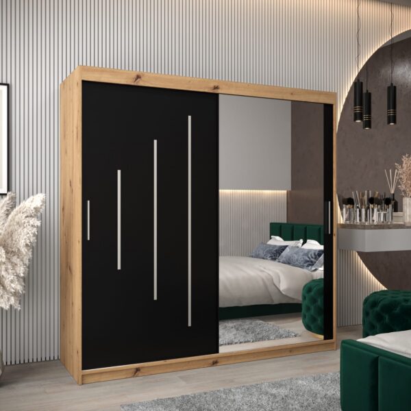 Kast PURMER 2 200, romp in de kleur eiken artisan, zwarte fronten met een zilveren sierlijst en spiegel.