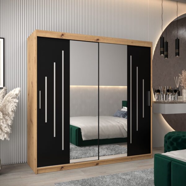 Kast PURMER 1 200, romp in de kleur eiken artisan, zwarte fronten met een zilveren sierlijst en spiegel.