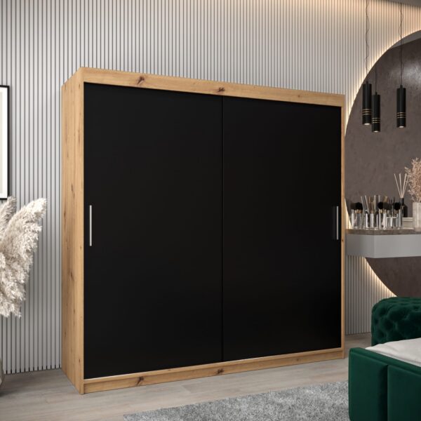 Kledingkast TOKIO 200 cm, romp in de kleur eiken artisan, fronten in zwart.
