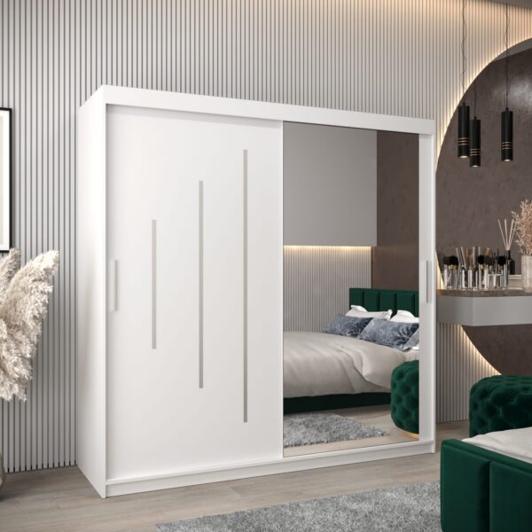 Kast PURMER 2 200, romp in de kleur wit, witte fronten met een zilveren sierlijst en spiegel.
