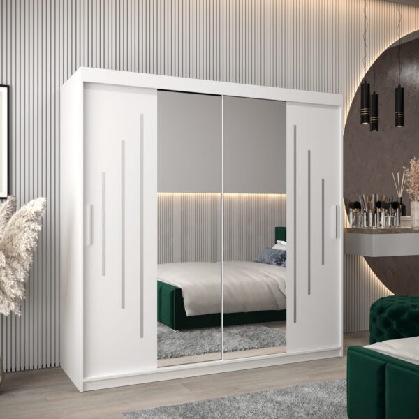 Kast PURMER 1 200, romp in de kleur wit, witte fronten met een zilveren sierlijst en spiegel.