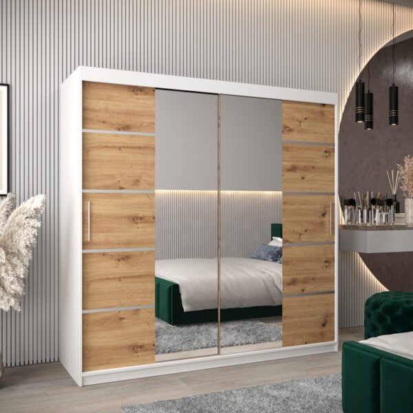 Kledingkast VITTORIA 4 200, romp in witte kleur, fronten in artisan eiken met een zilverkleurige lijst en een spiegel.