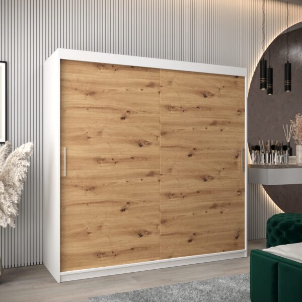 Kledingkast TOKIO 200 cm, romp in de kleur wit, fronten in eiken artisan
