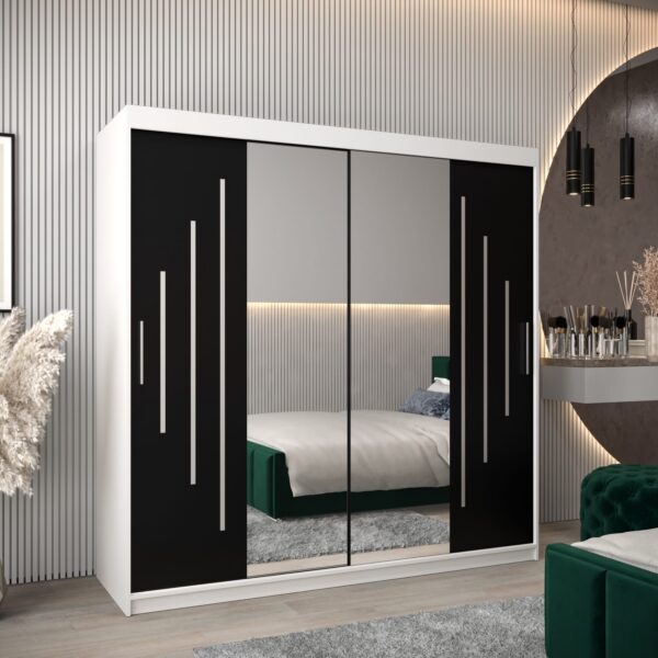 Kast PURMER 1 200, romp in de kleur wit, fronten eiken sonoma met een zilveren sierlijst en spiegel.