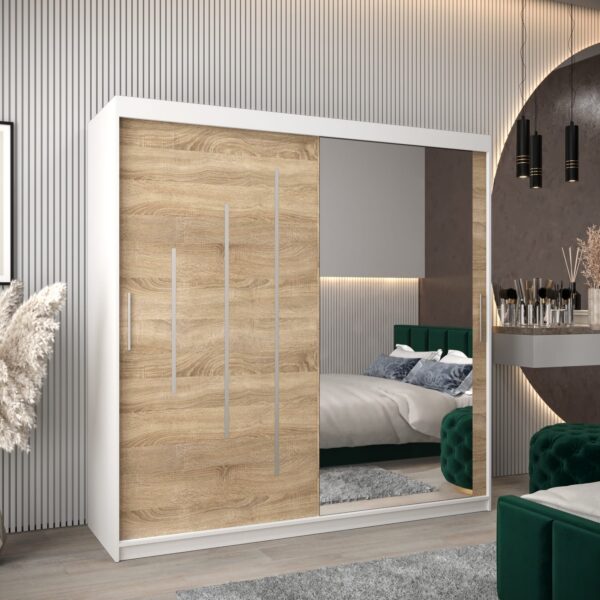 Kast PURMER 2 200, romp in de kleur wit, fronten eiken sonoma met een zilveren sierlijst en spiegel.