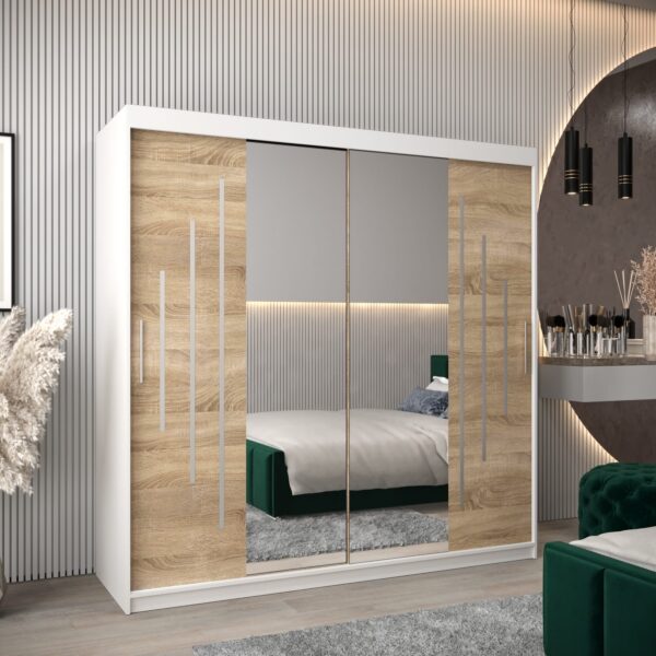 Kast PURMER 1 200, romp in de kleur wit, fronten eiken sonoma met een zilveren sierlijst en spiegel.