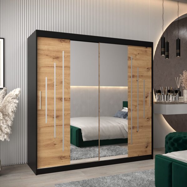 Kast PURMER 1 200, romp in de kleur zwart, fronten eiken artisan met een zilveren sierlijst en spiegel.