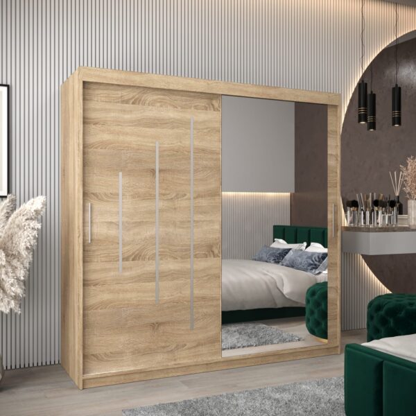 Kast PURMER 2 200, romp in de kleur eiken sonoma, fronten eiken sonoma met een zilveren sierlijst en spiegel.