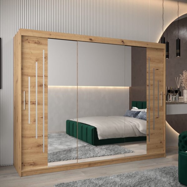 Kast PURMER 2 250, romp in de kleur eiken artisan, fronten eiken artisan met een zilveren sierlijst en spiegel.