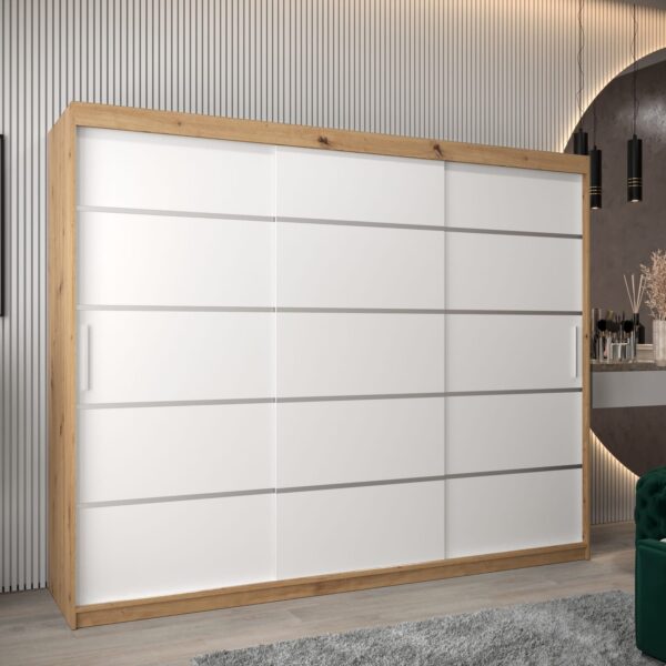 Kledingkast VITTORIA 1 250, romp in artisan eiken kleur, witte fronten met een zilverkleurige lijst.