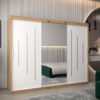 Kast PURMER 1 250, romp in de kleur eiken artisan, witte fronten met een zilveren sierlijst en spiegel.