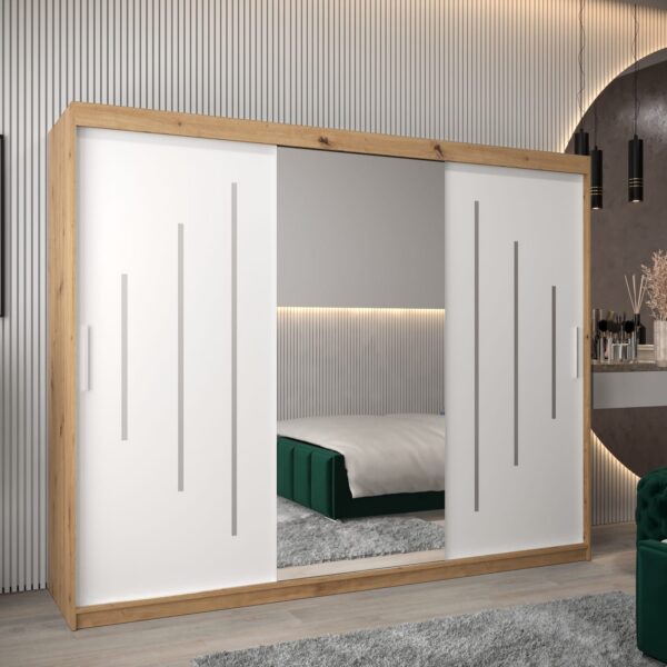 Kast PURMER 1 250, romp in de kleur eiken artisan, witte fronten met een zilveren sierlijst en spiegel.