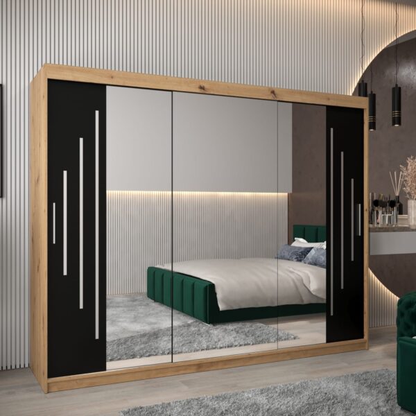 Kast PURMER 2 250, romp in de kleur eiken artisan, zwarte fronten met een zilveren sierlijst en spiegel.