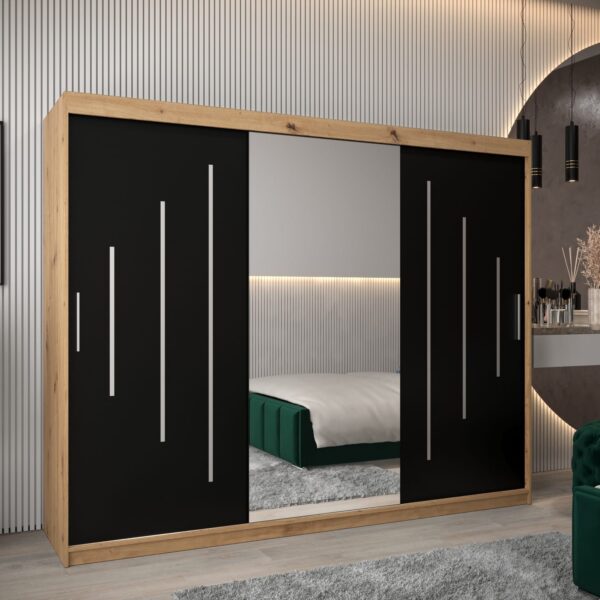 Kast PURMER 1 250, romp in de kleur eiken artisan, zwarte fronten met een zilveren sierlijst en spiegel.