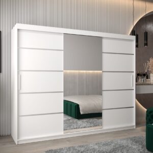 Kledingkast VITTORIA 2 250, romp in witte kleur, witte fronten met een zilverkleurige lijst en een spiegel.