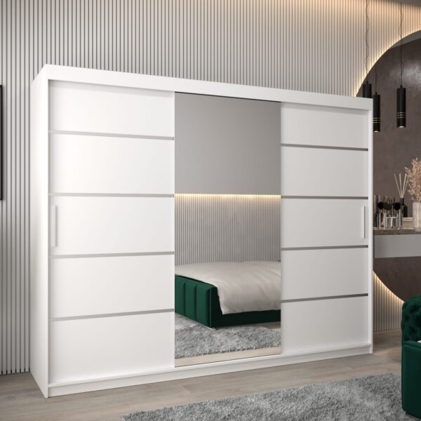 Kledingkast VITTORIA 2 250, romp in witte kleur, witte fronten met een zilverkleurige lijst en een spiegel.