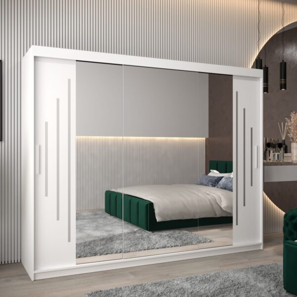 Kast PURMER 2 250, romp in de kleur wit, witte fronten met een zilveren sierlijst en spiegel.