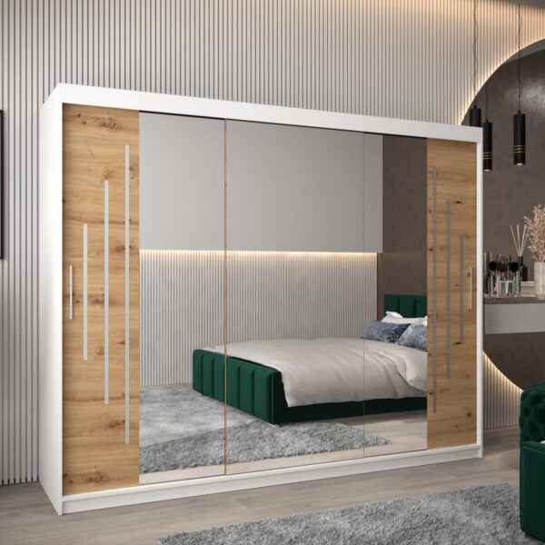 Kast PURMER 2 250, romp in de kleur wit, fronten eiken artisan met een zilveren sierlijst en spiegel.