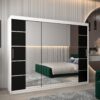 Kledingkast VITTORIA 4 250, romp in witte kleur, zwarte fronten met een zilverkleurige lijst en een spiegel.