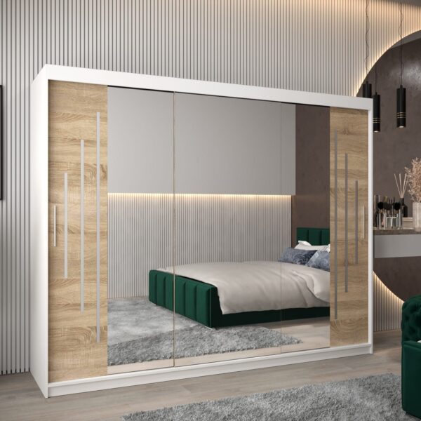 Kast PURMER 2 250, romp in de kleur wit, fronten eiken sonoma met een zilveren sierlijst en spiegel.