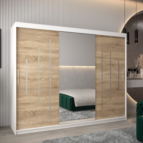Kast PURMER 1 250, romp in de kleur wit, fronten eiken sonoma met een zilveren sierlijst en spiegel.