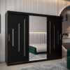 Kast PURMER 1 250, romp in de kleur zwart, zwarte fronten met een zilveren sierlijst en spiegel.