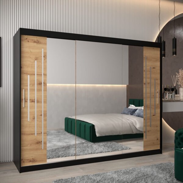Kast PURMER 2 250, romp in de kleur zwart, fronten eiken artisan met een zilveren sierlijst en spiegel.