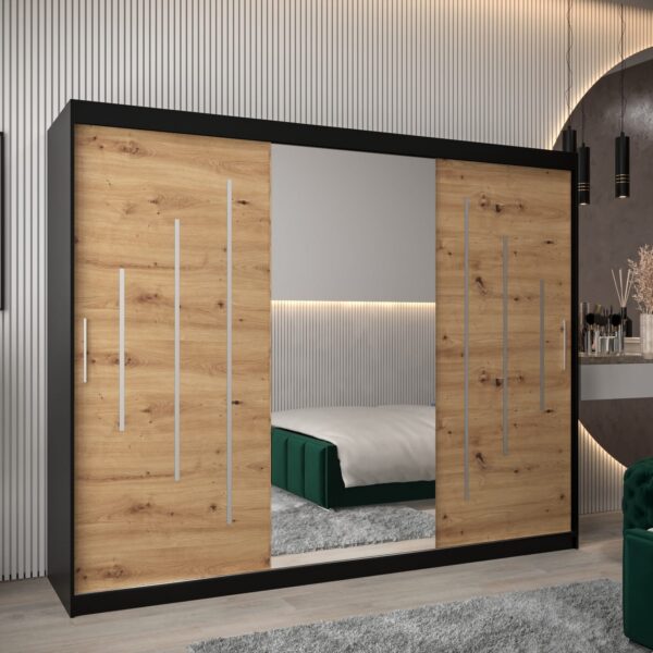 Kast PURMER 1 250, romp in de kleur zwart, fronten eiken artisan met een zilveren sierlijst en spiegel.