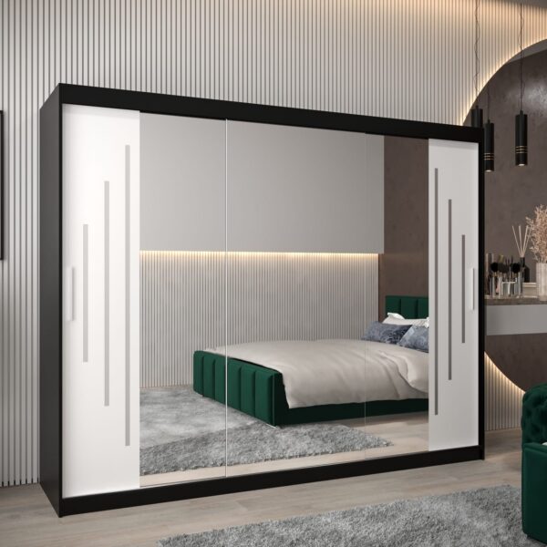 Kast PURMER 2 250, romp in de kleur zwart, witte fronten met een zilveren sierlijst en spiegel.