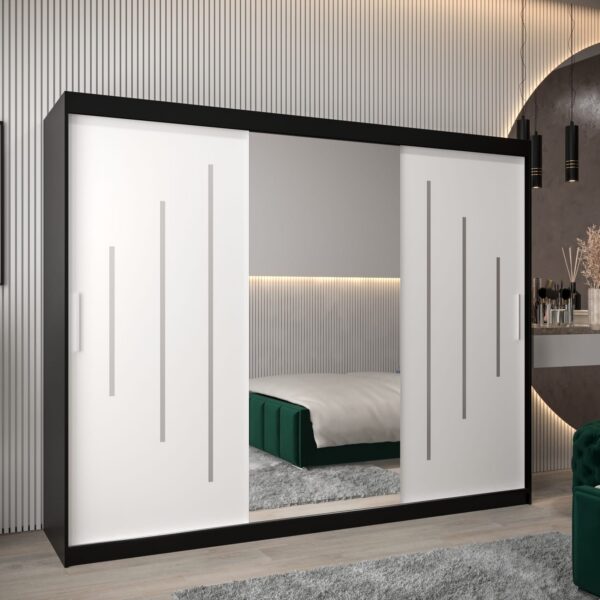 Kast PURMER 1 250, romp in de kleur zwart, witte fronten met een zilveren sierlijst en spiegel.