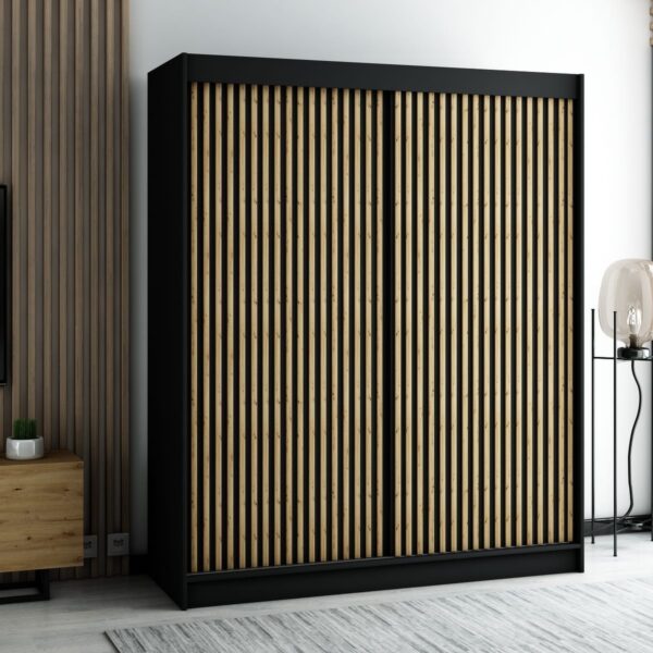 Ruime zwarte LAMELO kledingkast in loftstijl met lamellen – ideaal voor de slaapkamer, woonkamer of hal.
