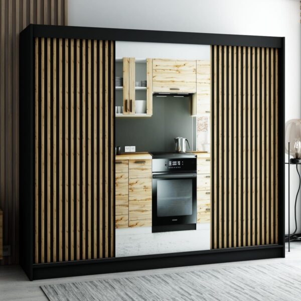 LAMELO II 250 zwarte kast met lamellen en spiegel. Deze kledingkast is extreem ruim en functioneel