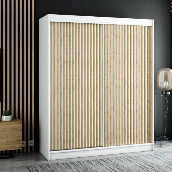 Ruime witte LAMELO kledingkast in loftstijl met lamellen – perfect voor de slaapkamer, woonkamer of hal.