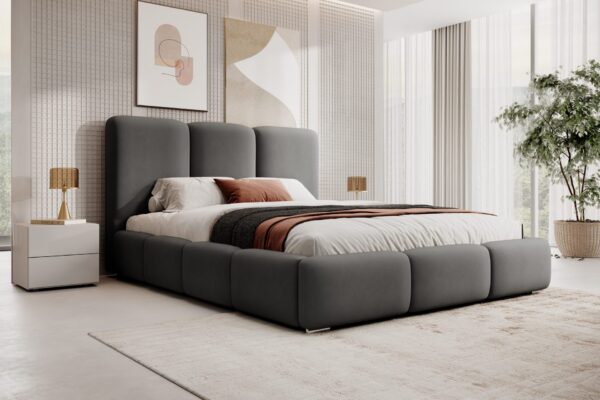Gestoffeerd bed MAFFO met hoog hoofdbord en opbergruimte MAFFO