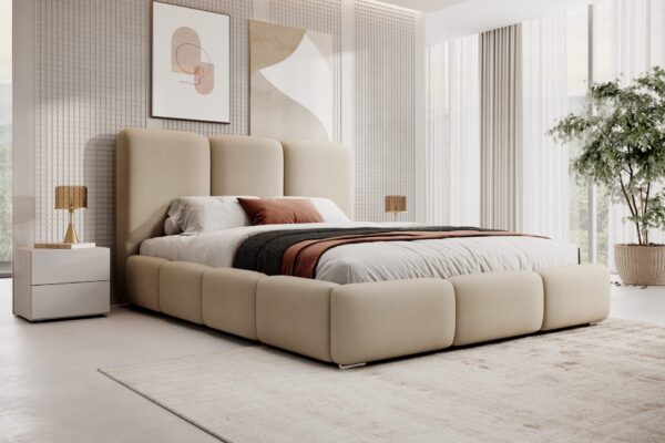 Gestoffeerd bed MAFFO met hoog hoofdbord en opbergruimte MAFFO