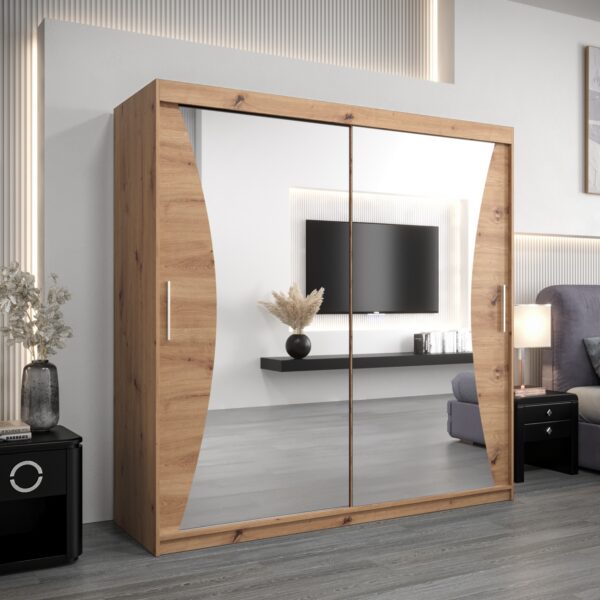 Szafa MONACO 200 cm, korpus w kolorze dąb artisan fronty dąb artisan z lustrem