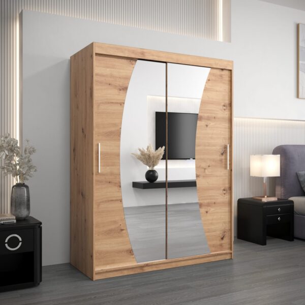 Kledingkast GLASGOW 150, romp in eiken artisan, fronten eiken artisan met spiegel.