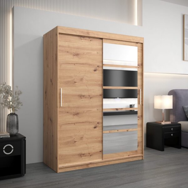Kledingkast RENO 1 150 cm, romp in de kleur eiken artisan, fronten in eiken artisan met spiegel.