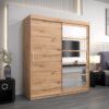 Kledingkast RENO 1 180 cm, romp in de kleur eiken artisan, fronten in wit met spiegel.