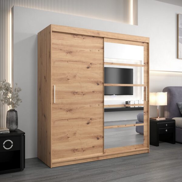 Kledingkast RENO 1 180 cm, romp in de kleur eiken artisan, fronten in wit met spiegel.