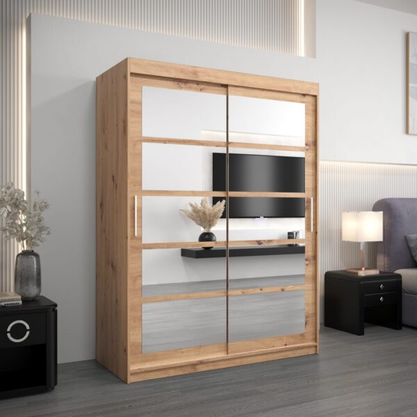 Kledingkast RENO 2 150 cm, romp in de kleur eiken artisan, fronten in eiken artisan met spiegel.