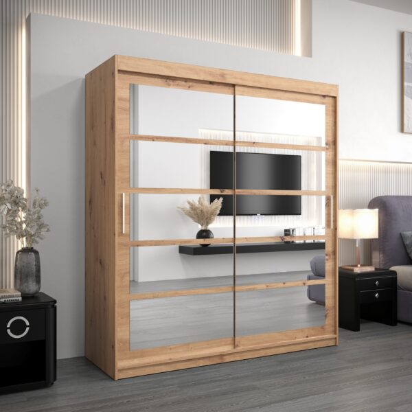 Kledingkast RENO 2 180 cm, romp in de kleur eiken artisan, fronten in eiken artisan met spiegel.