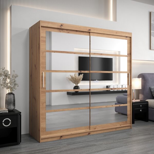 Kledingkast RENO 2 200 cm, romp in de kleur eiken artisan, fronten in eiken artisan met spiegel.