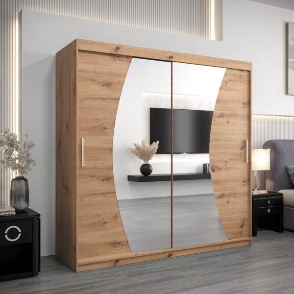 Kledingkast GLASGOW 200, romp in eiken artisan, fronten eiken artisan met spiegel.