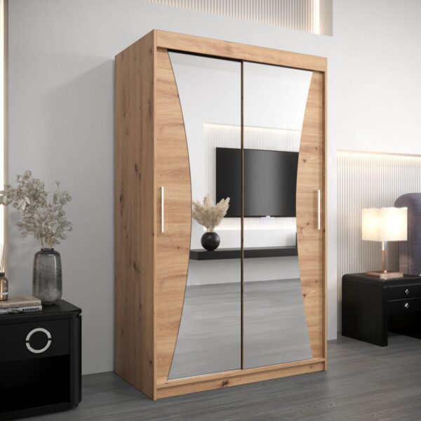 Kledingkast MONACO 120 cm, romp in de kleur eiken artisan, fronten in eiken artisan met spiegel.