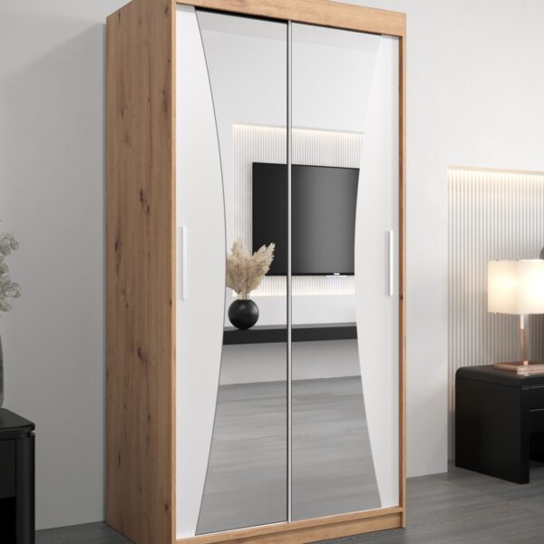 Kledingkast MONACO 100 cm, romp in de kleur eiken artisan, fronten in wit met spiegel.