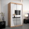 Kledingkast GLASGOW 120, romp in eiken artisan, fronten wit met spiegel.