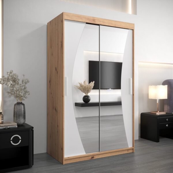 Kledingkast GLASGOW 120, romp in eiken artisan, fronten wit met spiegel.