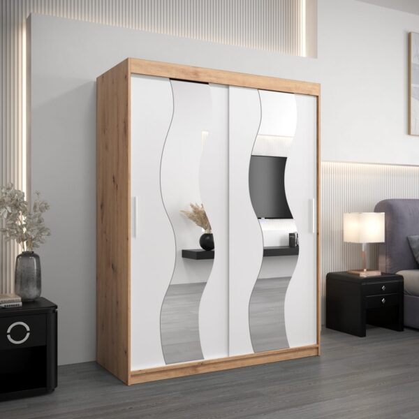 Kledingkast SOLANA 150 cm, romp in de kleur eiken artisan, fronten in wit met spiegel.