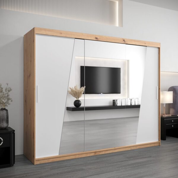 Kledingkast RHOMB 250 cm, romp in de kleur eiken artisan, fronten in wit met spiegel.